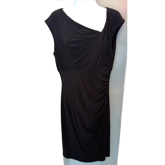 Lauren Dress Women's Sz 10 Black Cap Sleeve Ruched Asymetric Neck Stretch Jersey - Picture 9 of 10